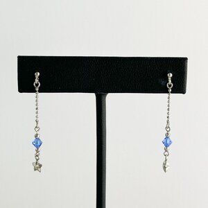 Dainty Sterling Silver Dangling Earrings With Blue Glass Beads & Star Charms 1.5